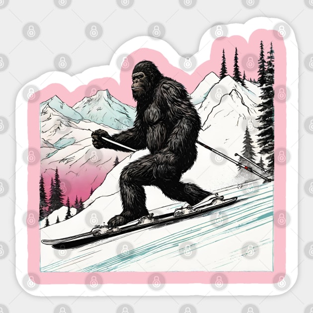 Funny Bigfoot Skiing Dad Bigfoot Believer and Ski in Mountain Sticker by DaysuCollege